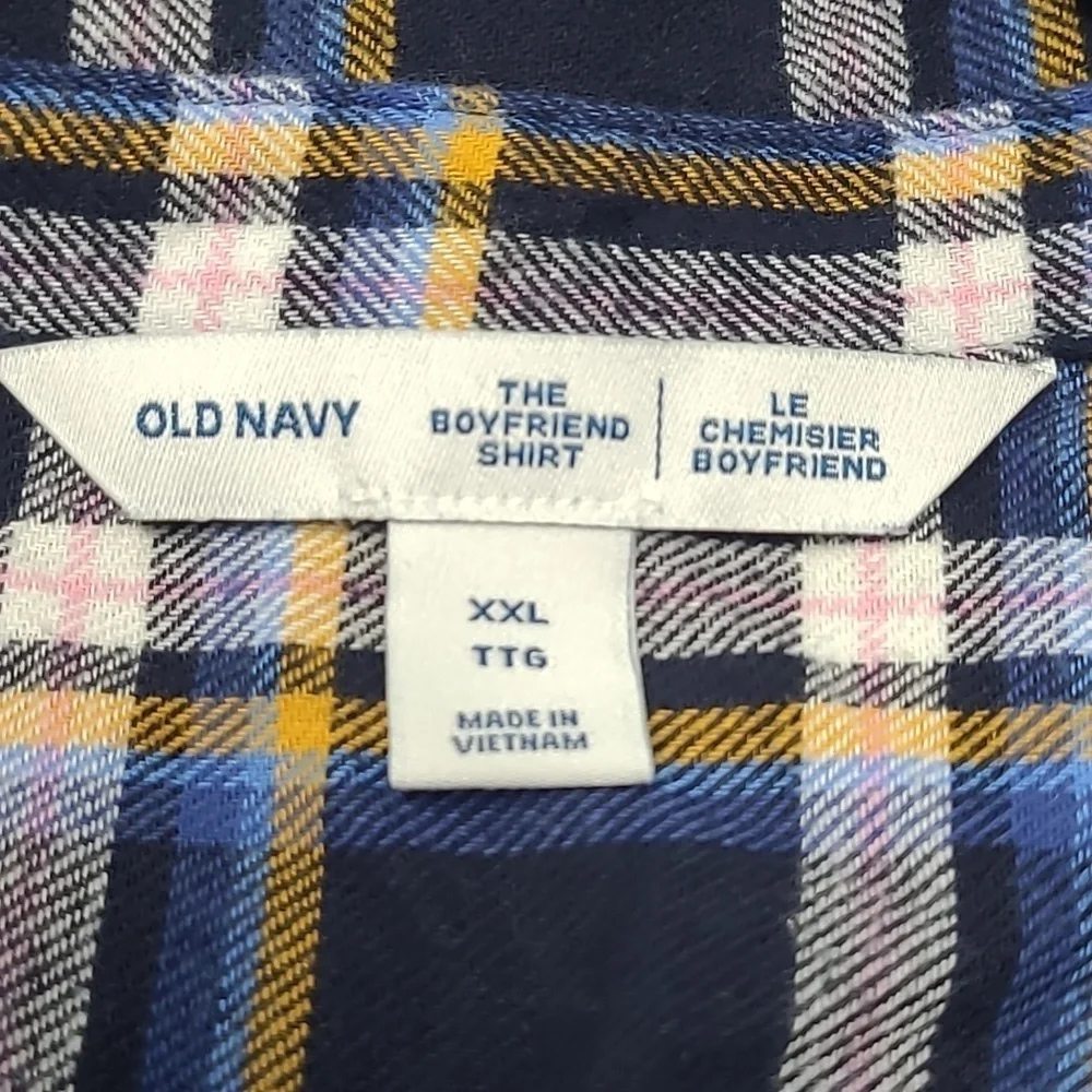 Old Navy Size XXL Navy Blue Plaid Button Down Boyfriend Shirt - Picture 8 of 10